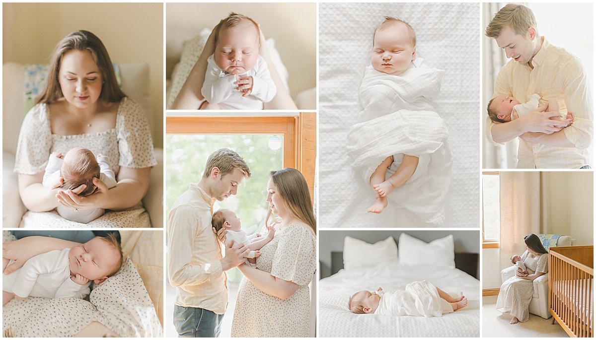 Collage of parents with newborn, baby sleeping in white outfit, and family moments in cozy home setting.