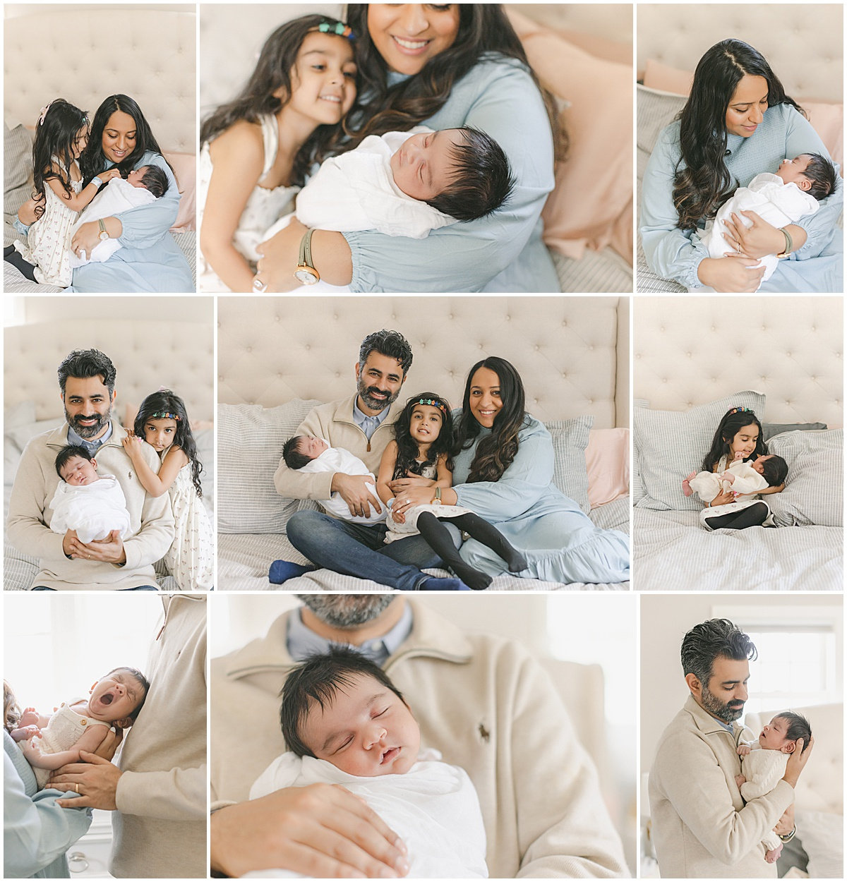 Collage of a family with a newborn, featuring parents, a young girl, and the baby in various poses in a cozy setting.