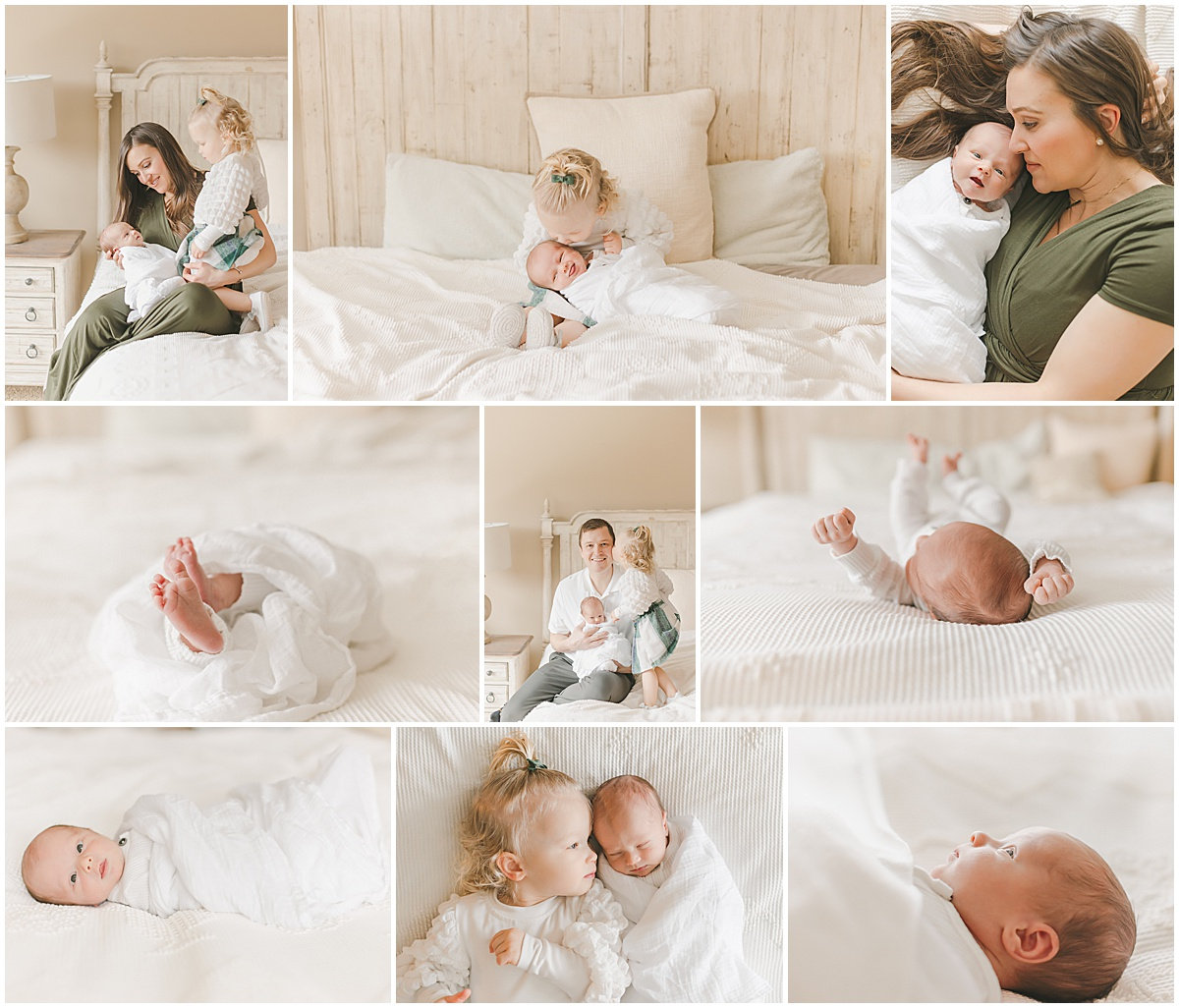 Collage of a mother and two children on a bed with close-ups of a newborn wrapped in a white blanket.
