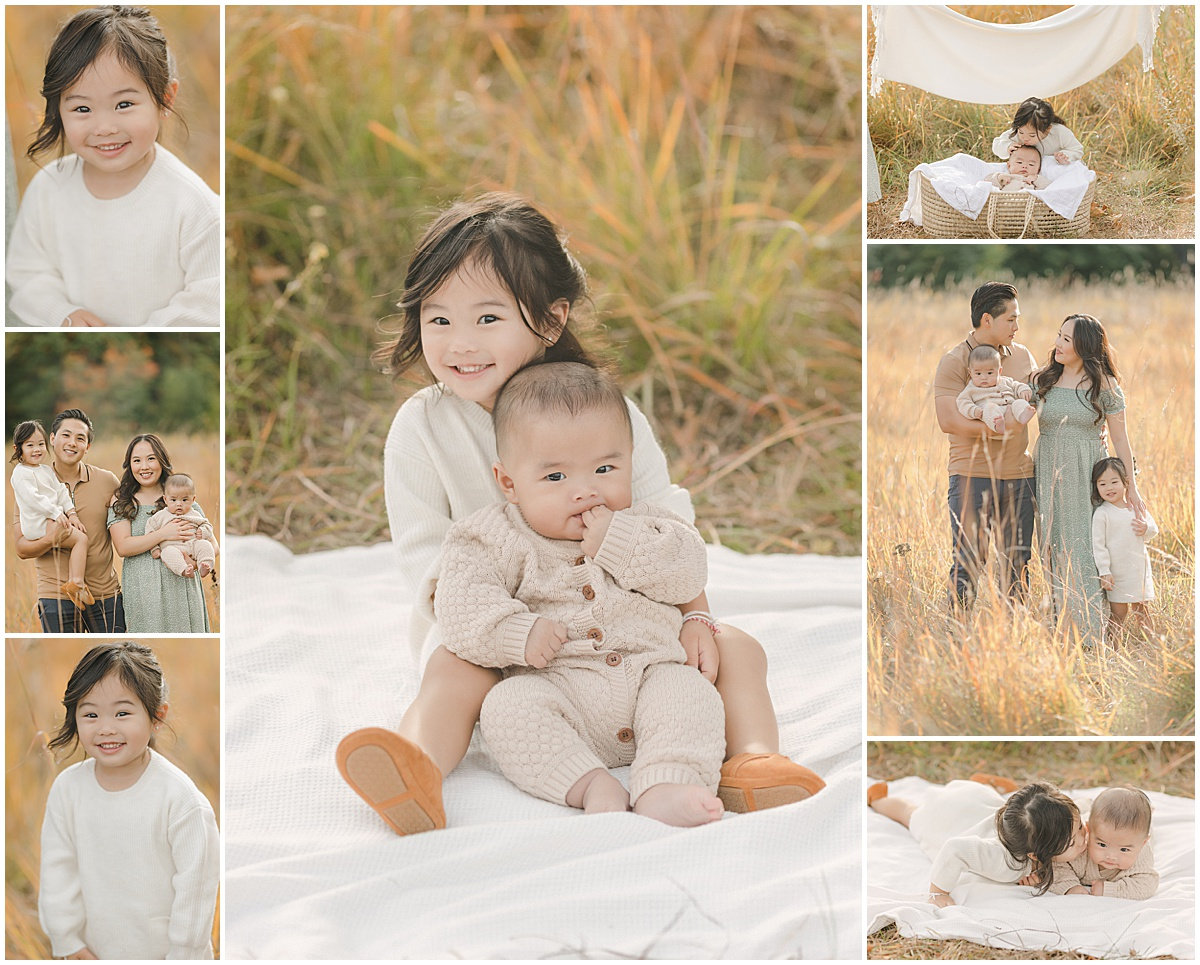 A collage of a family in a meadow, featuring children playing and parents posing with kids on a blanket.