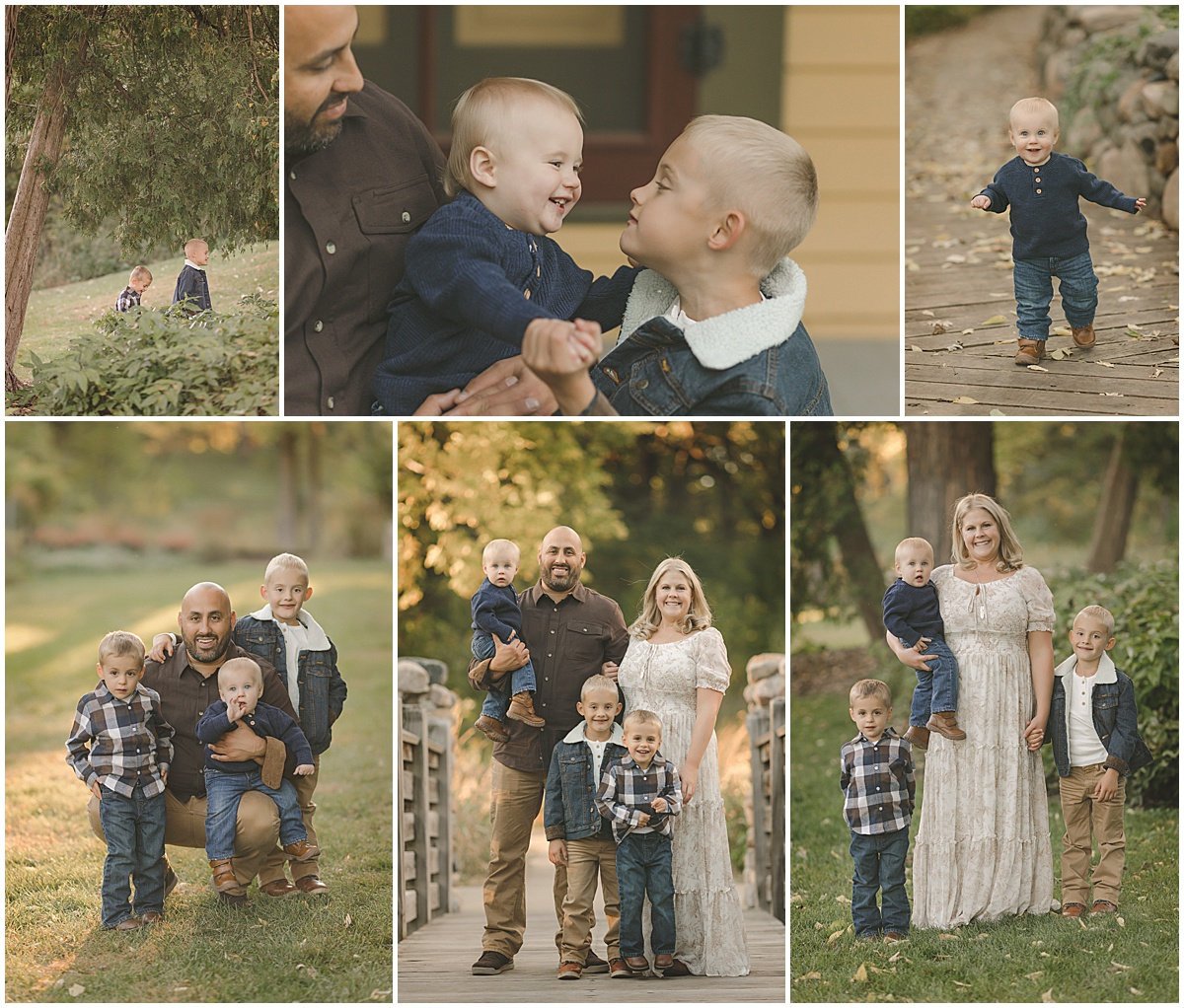 A collage of family photos outdoors featuring parents and two young children in casual attire.