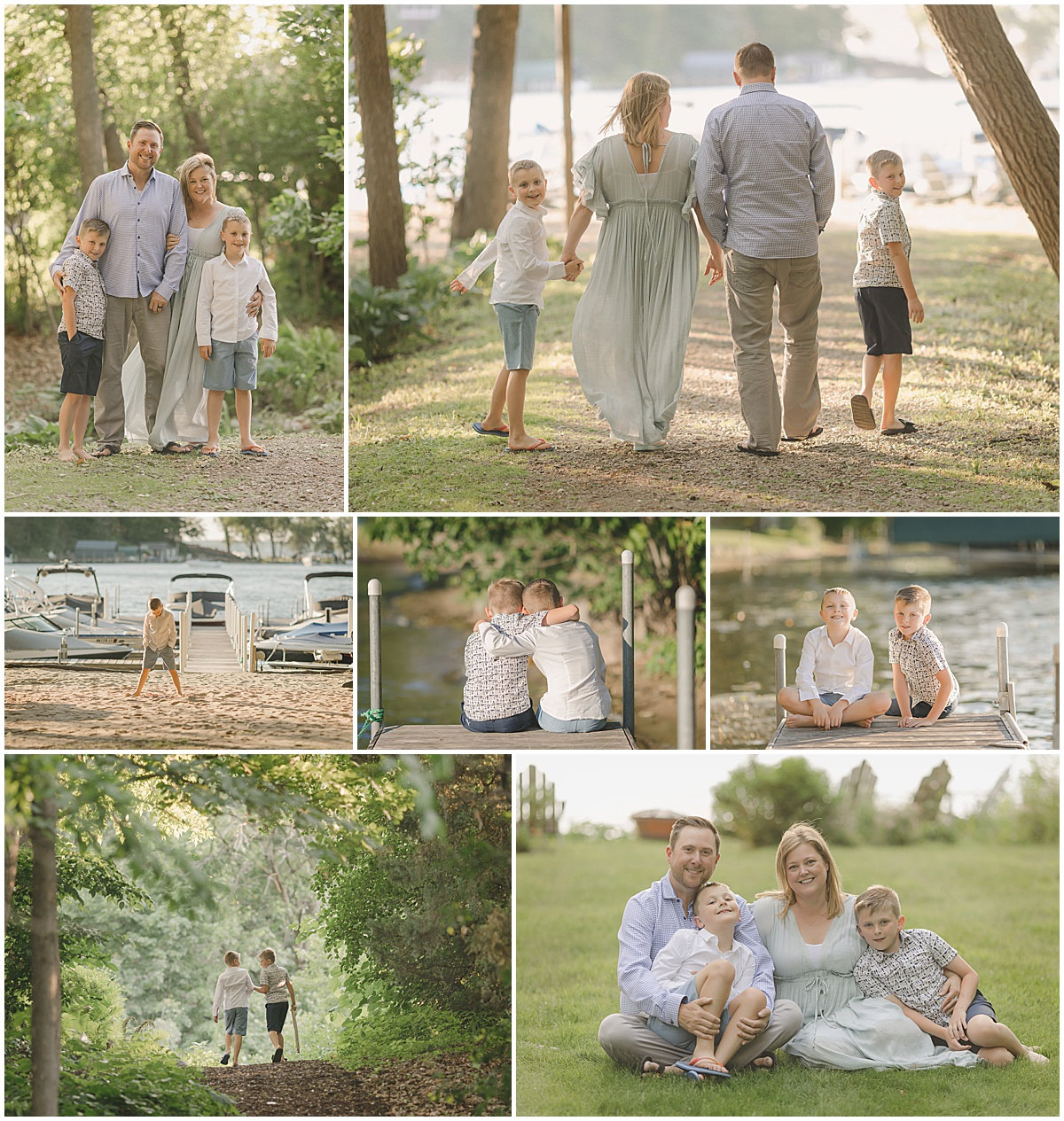 A family with two children enjoys a day by the lake in a collage of nature-filled scenes, featuring trees and grassy areas.