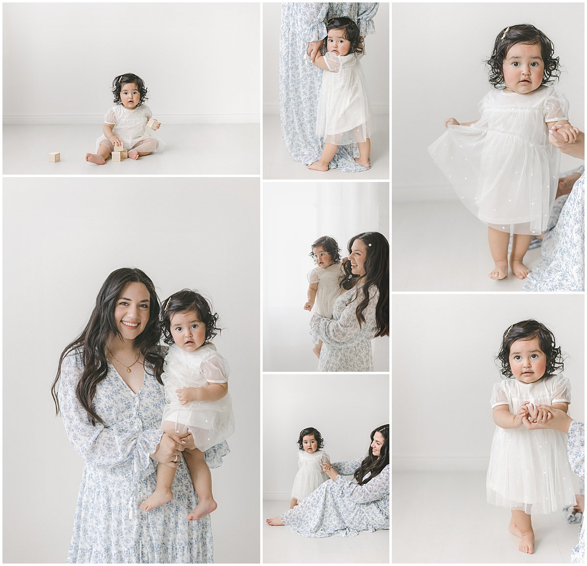 Collage of a woman and a toddler in a white dress, in various poses against a light background.