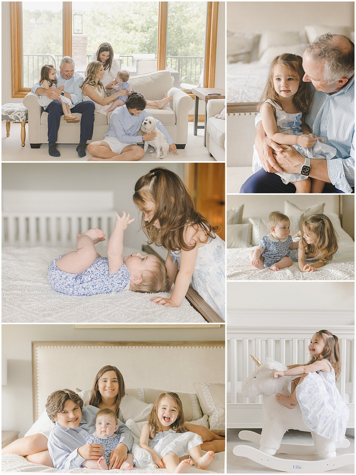 Collage of a family with children playing, interacting, and sitting together in a cozy home setting.