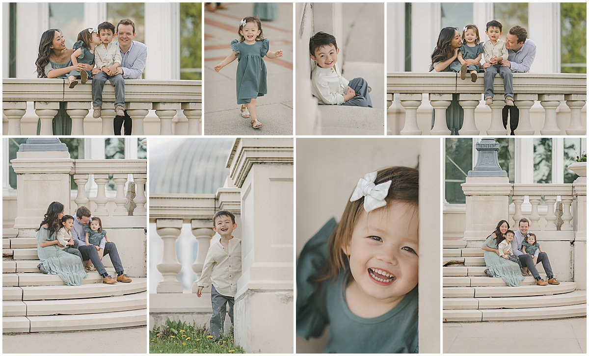 Collage of family photos with children and adults near elegant architectural columns. Smiling and playful moments.