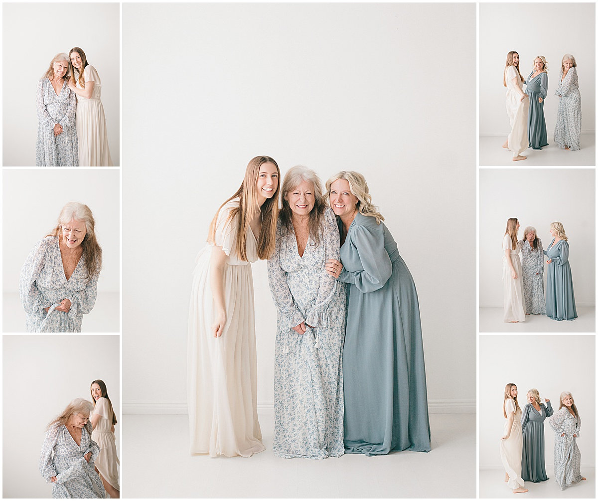 Collage of three women in soft, flowing dresses, smiling and embracing against a plain white backdrop.