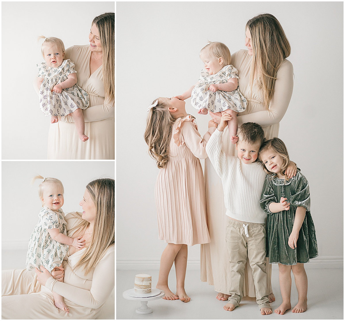 A woman and four children wearing neutral-toned outfits in a soft, minimalist setting.