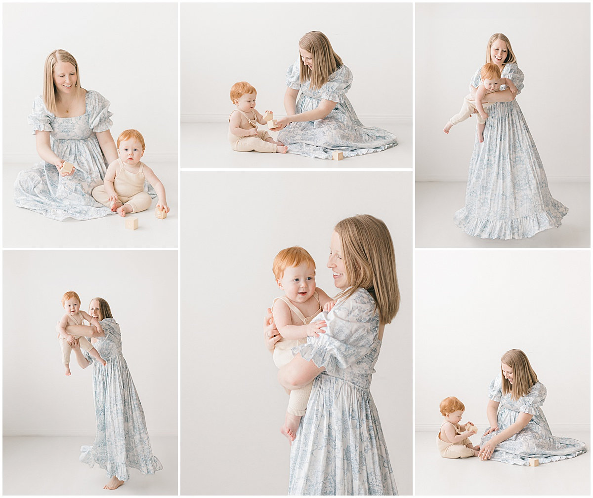 Collage of a woman in a floral dress interacting with a toddler in a white space.