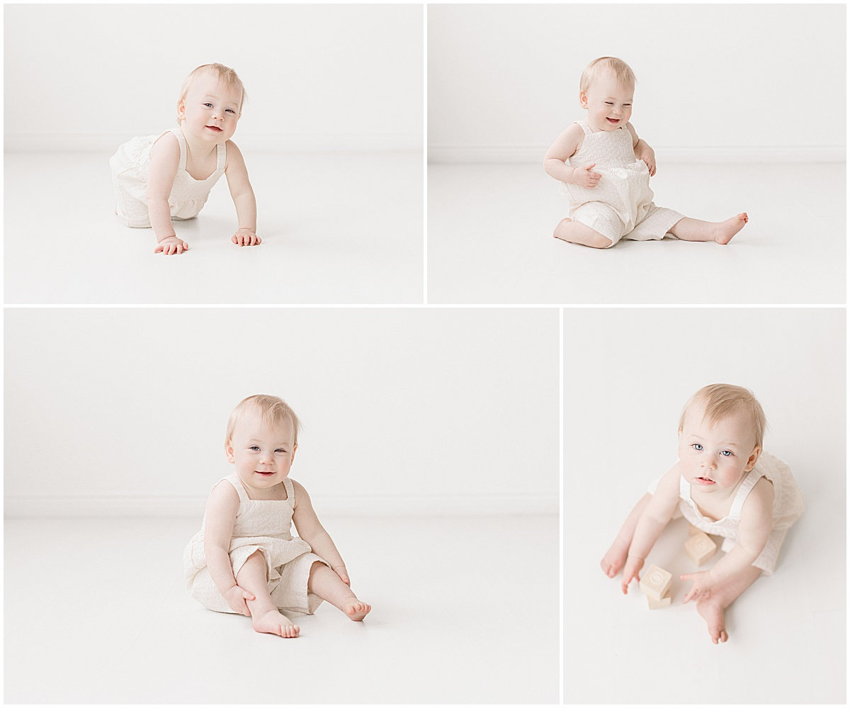 Collage of a baby in a white outfit, crawling and sitting on a light background.