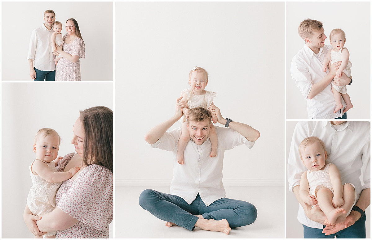 A family collage with parents holding and playing with a baby in a bright studio setting.