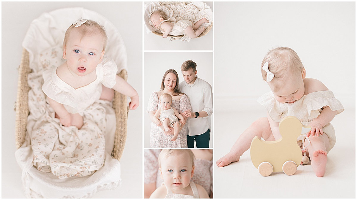 Collage of a baby in a basket, family portrait, and baby playing with a wooden toy. Soft, neutral tones.