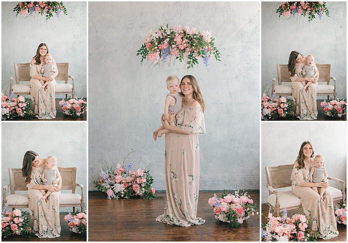 Collage of a woman in a floral dress holding a baby, with pink flowers and greenery in the background.
