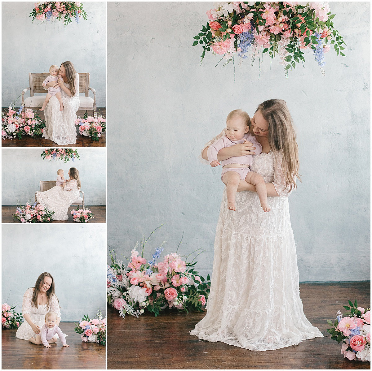 Collage of a mother and baby in floral settings, with the mother holding and sitting with the child.