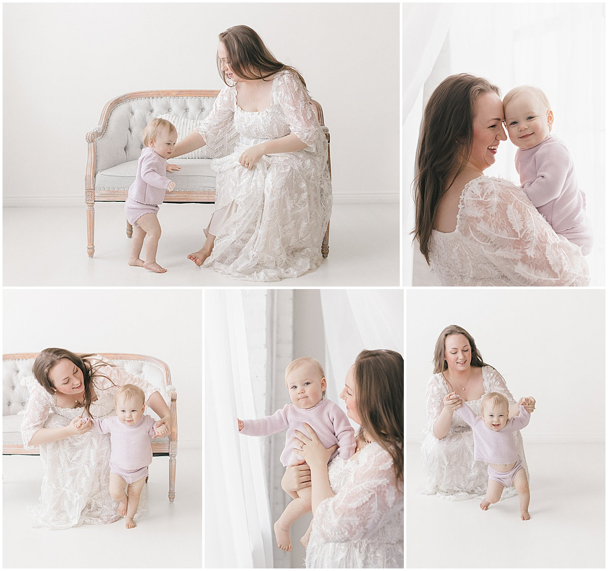 Mother in lace dress with toddler, playing and smiling in a bright, airy room.
