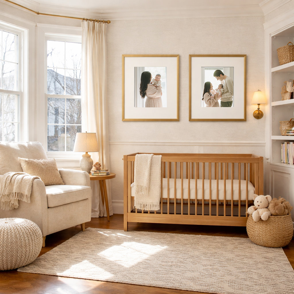 Cozy nursery with a wooden crib, beige armchair, pouf, two framed photos, and large windows. Warm, neutral tones.