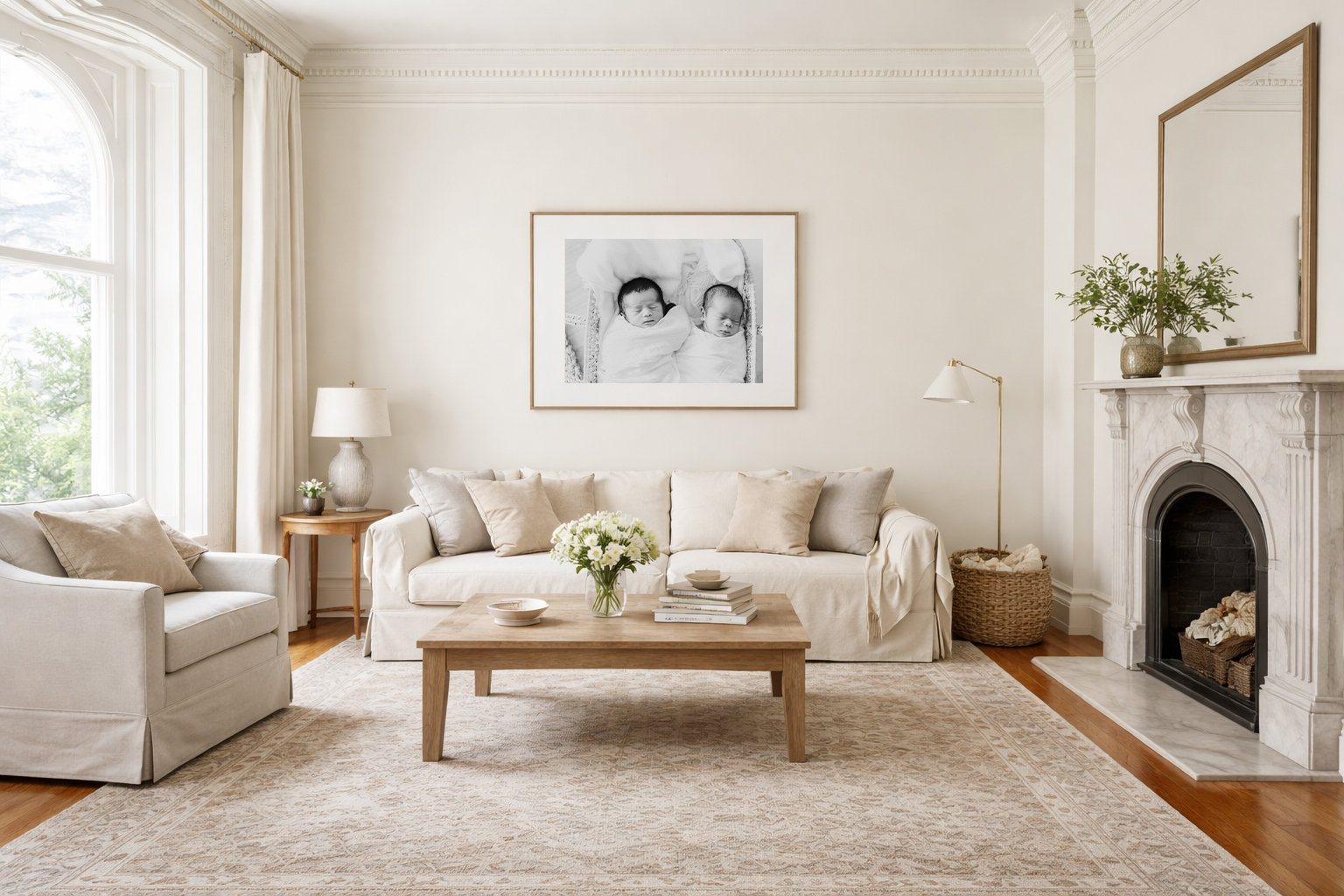 Elegant living room with beige sofa, armchair, coffee table, and fireplace. Large windows and framed art enhance brightness.