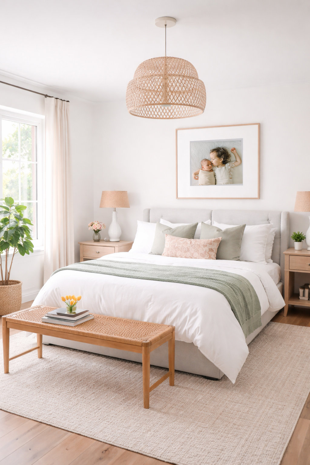 A cozy bedroom with a large bed, green accents, wooden bench, two lamps, and a woven pendant light.