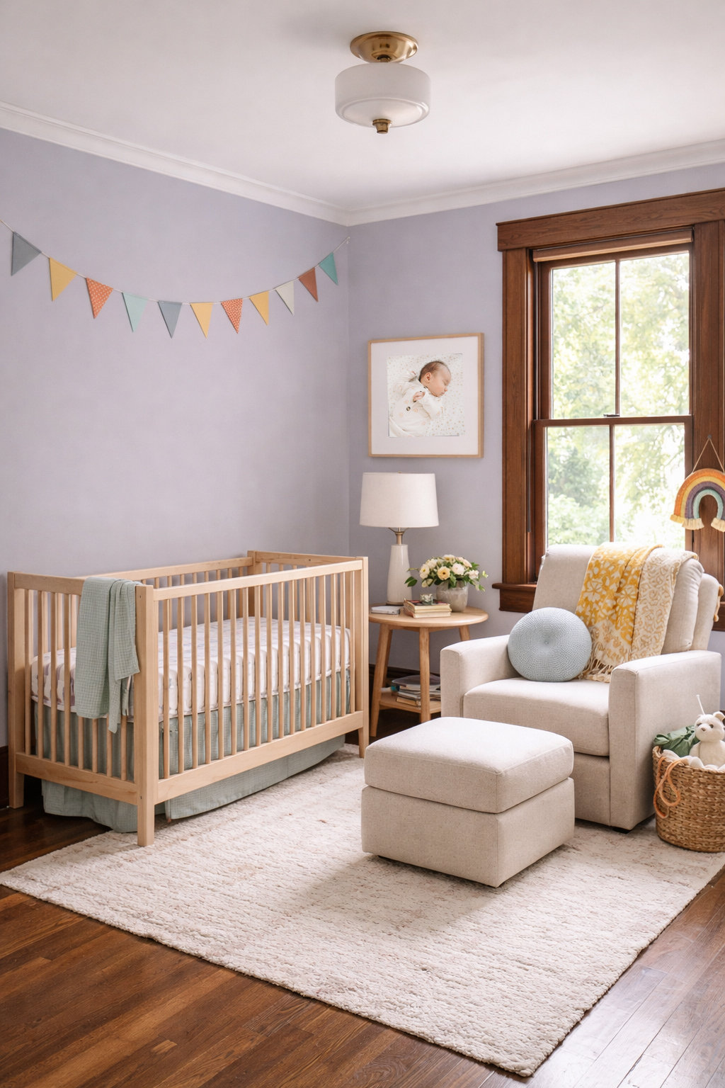 Cozy nursery with a wooden crib, armchair, ottoman, and colorful bunting on a soft purple wall.