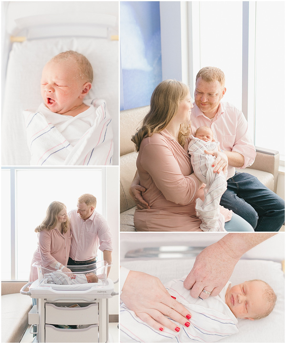 A collage of a newborn in a hospital setting with parents holding and looking at the baby, captured in warm, bright lighting.
