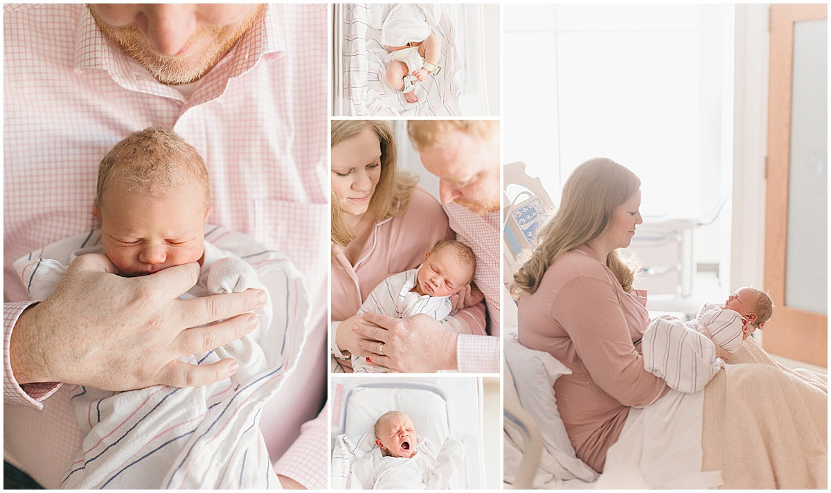 Collage of parents holding a newborn in a bright room, featuring close-ups and tender moments.