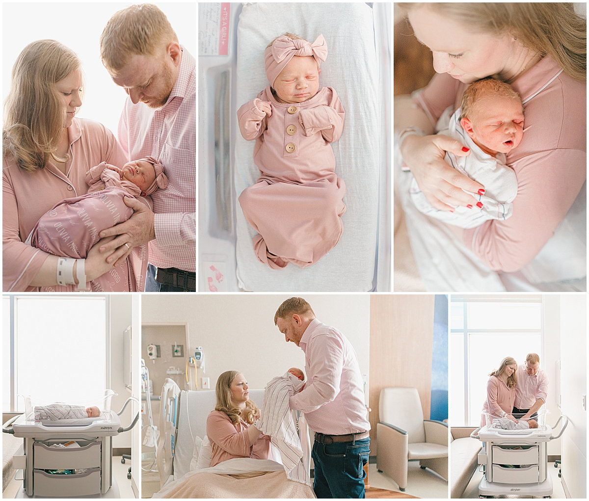 A family with a newborn in a hospital room, parents holding and caring for the baby, dressed in pink and wrapped in blankets.