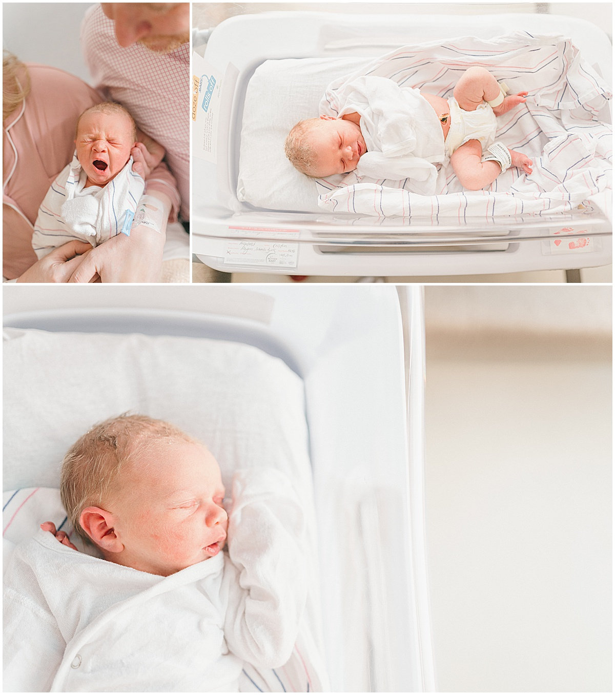 Collage of three images showing a newborn baby sleeping in a crib and being held.