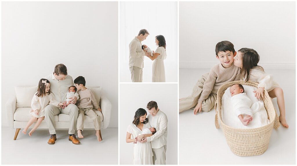 Newborn baby with siblings during a light and airy Twin Cities newborn photography session in studio.