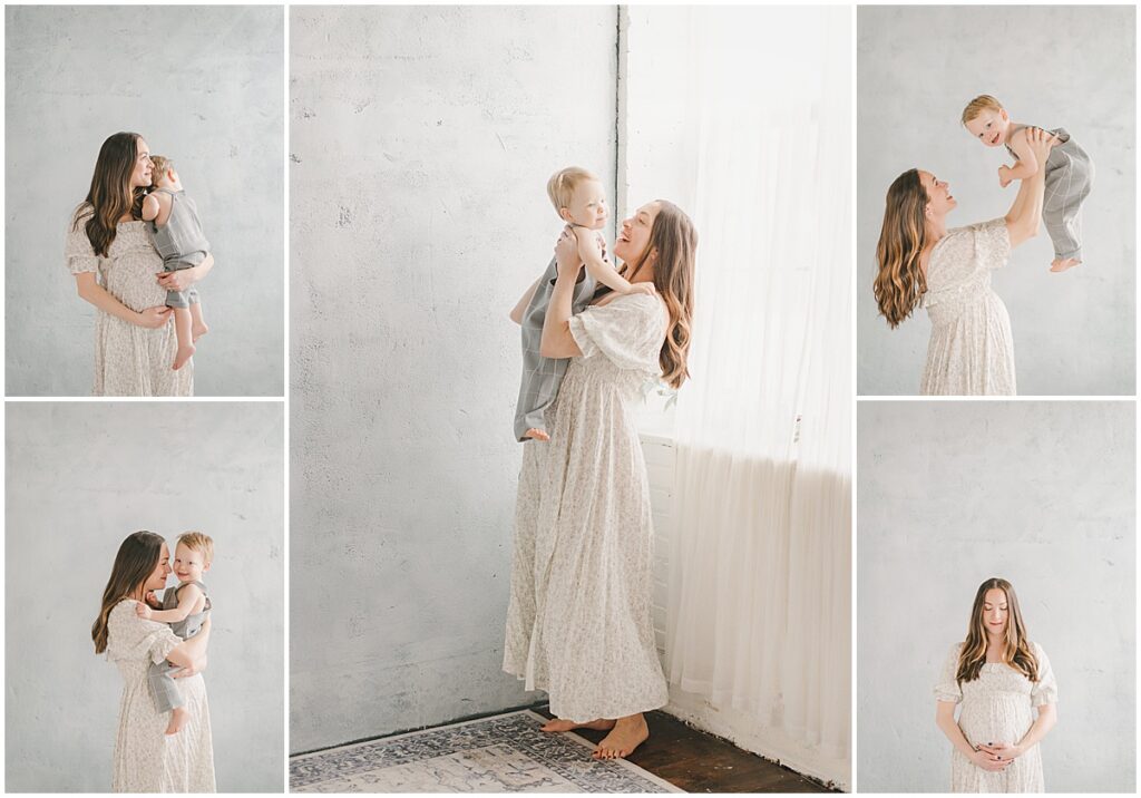 Expecting mom holding her toddler during a studio maternity photo session in the Twin Cities.