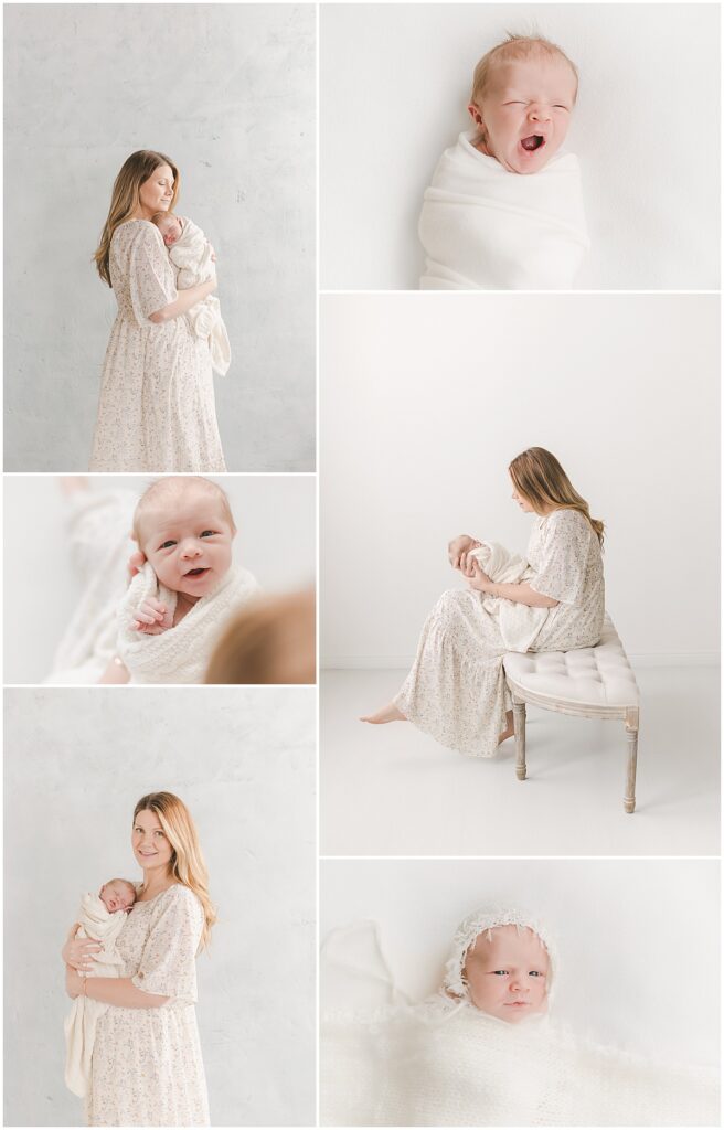Newborn baby wrapped in white with mom during a soft Twin Cities newborn photography session.