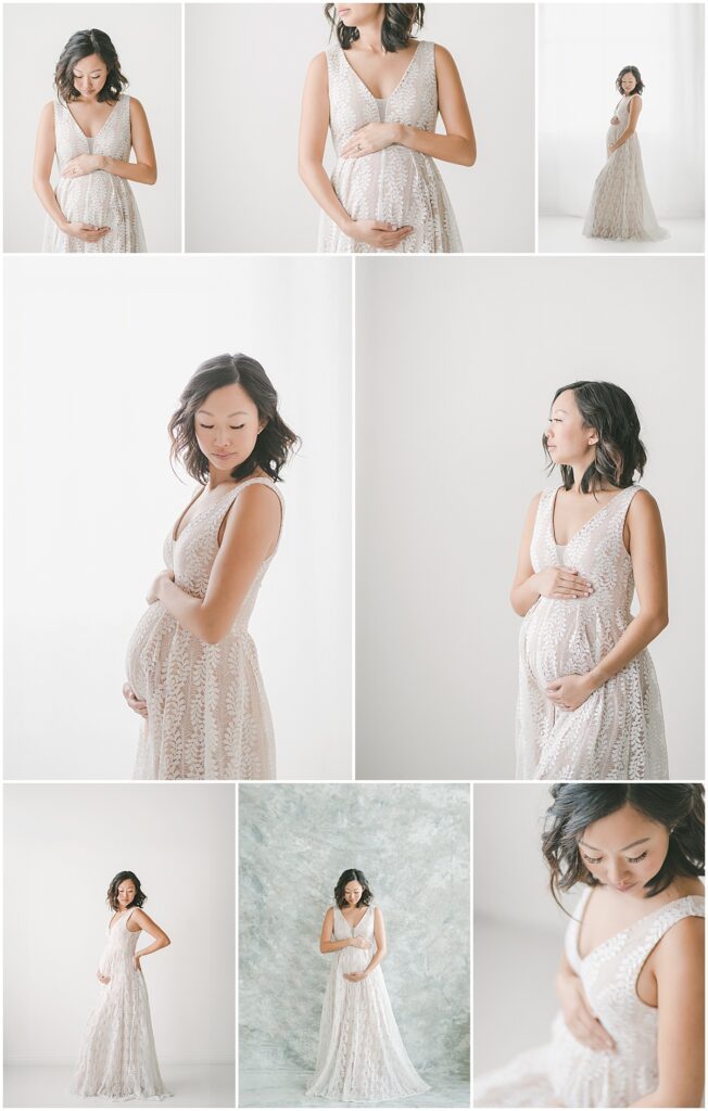 Pregnant mom in a white lace dress during a Minneapolis maternity photography session in studio