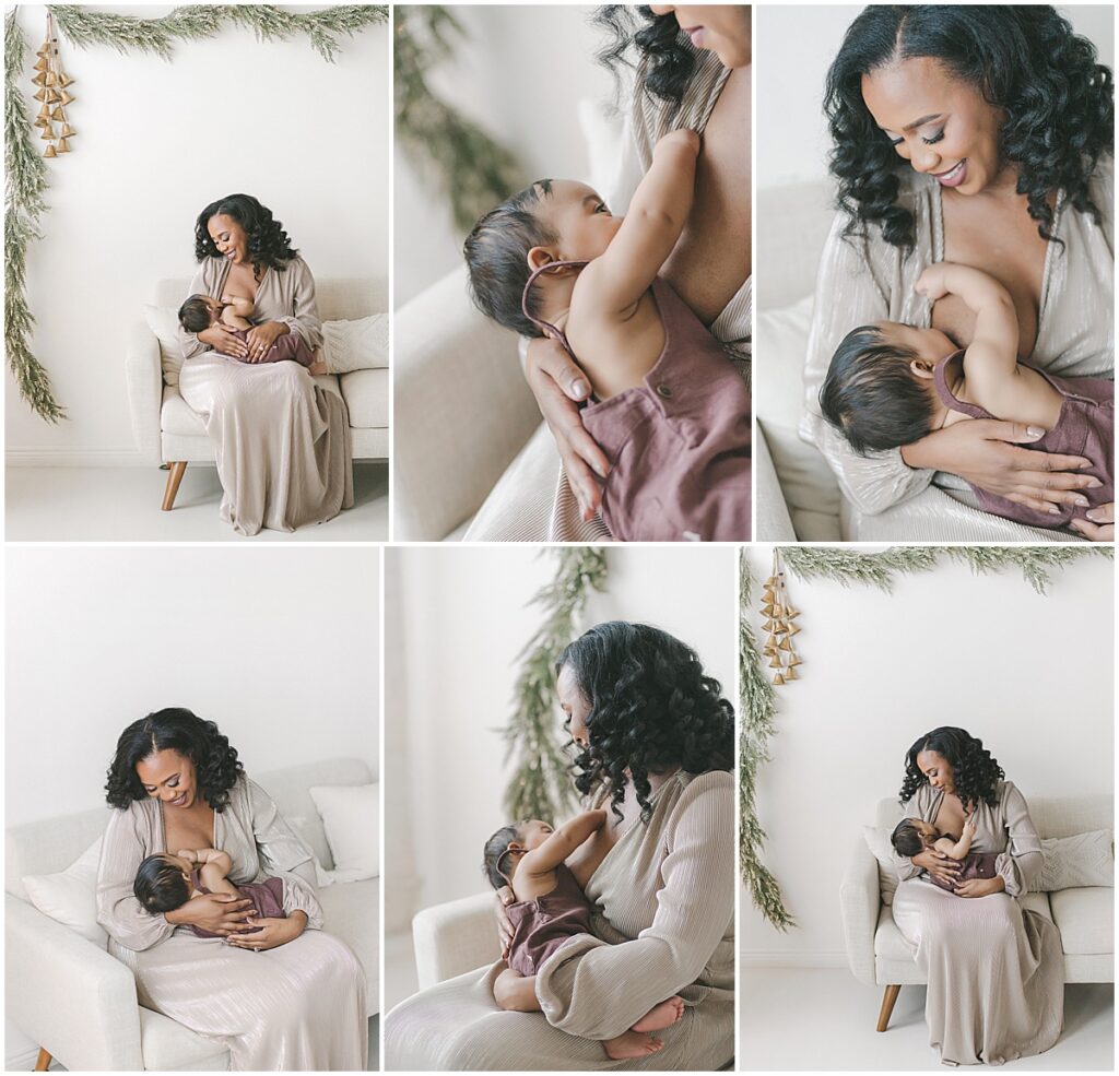 Mom breastfeeding her baby during a cozy newborn photography session in the Twin Cities.