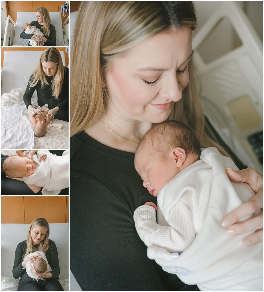 Mom snuggling her newborn baby during an in hospital newborn photography session in the Twin Cities.