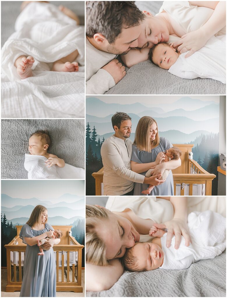 Parents cuddling their newborn baby at home during a lifestyle newborn photography session in the Twin Cities.