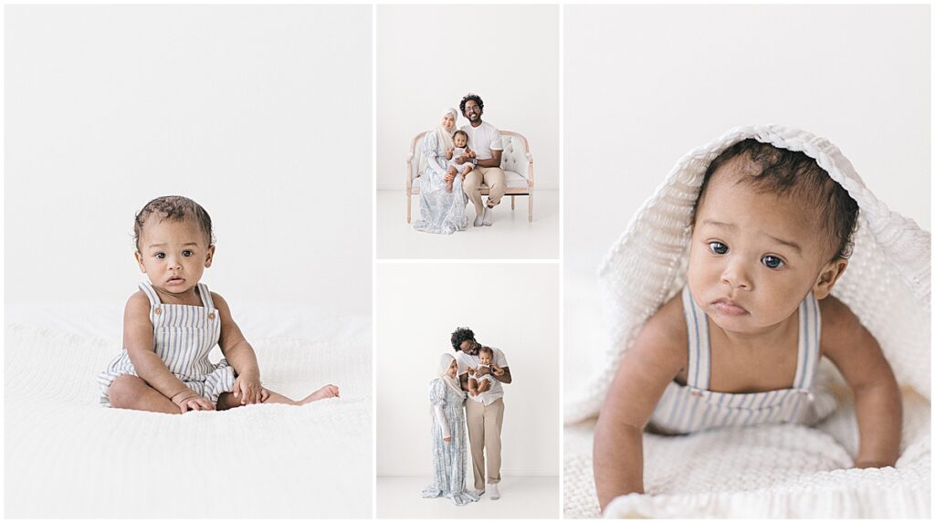 Twin Cities baby milestone session with neutral wardrobe and cozy studio setup