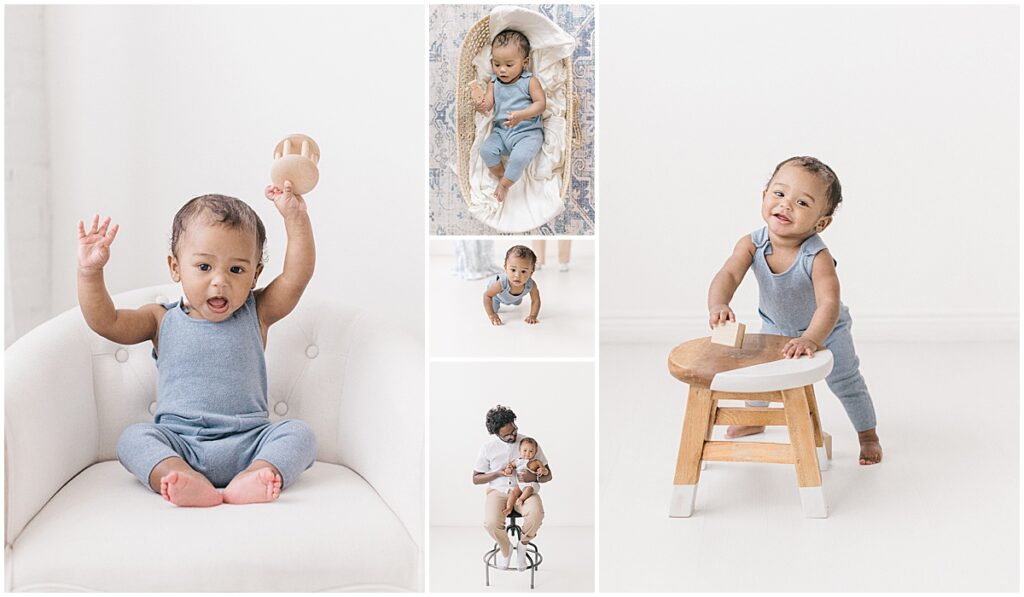 Baby boy in blue outfit during studio milestone photos in Minneapolis Minnesota