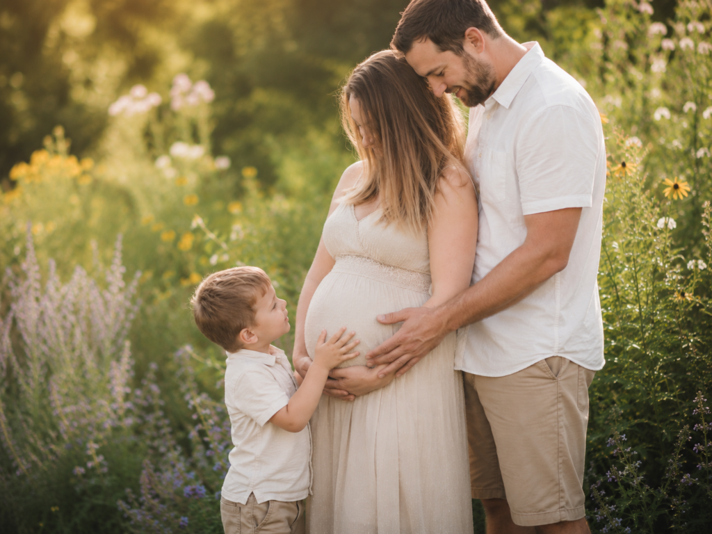summer maternity photo outfit with a flowy dress in golden hour light