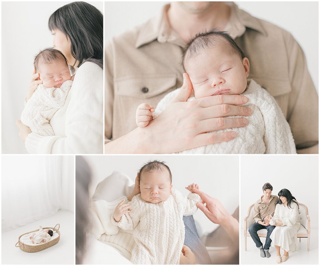 Baby's 1st Photo Session with newborn wrapped in neutral tones and held by parents