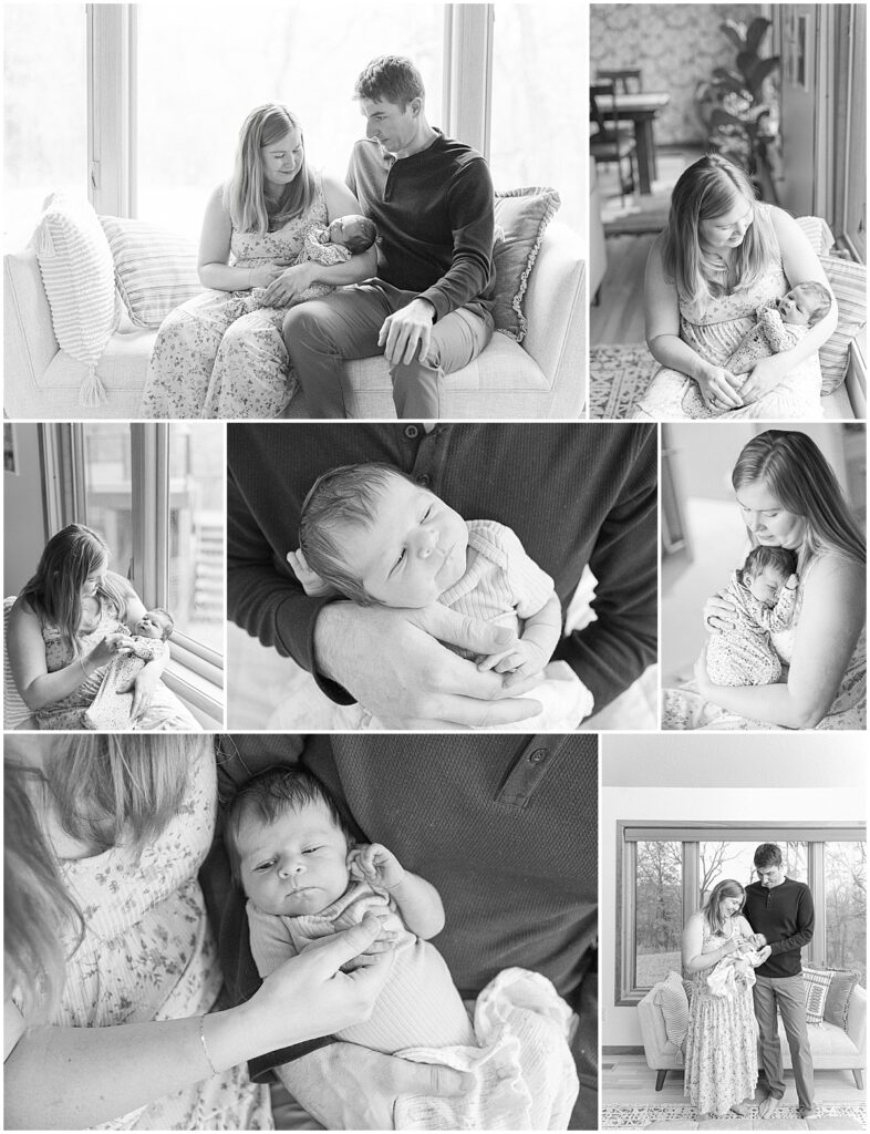 In home newborn photography for Baby's 1st Photo Session with parents by natural window light