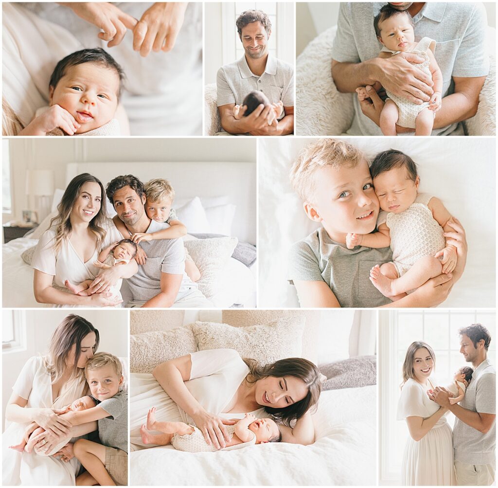 Twin Cities in home newborn session with baby, parents, and sibling on the bed