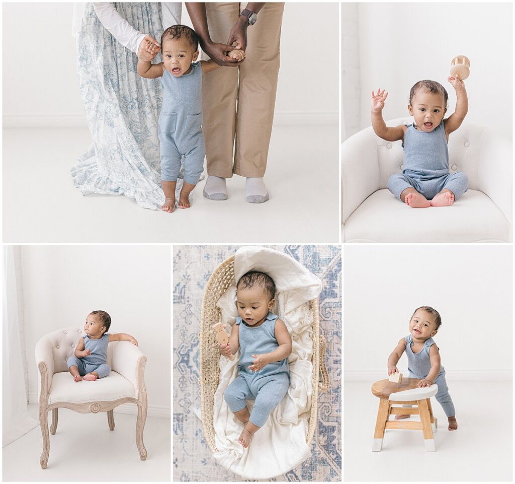 Baby’s first year photography with soft neutral styling.
