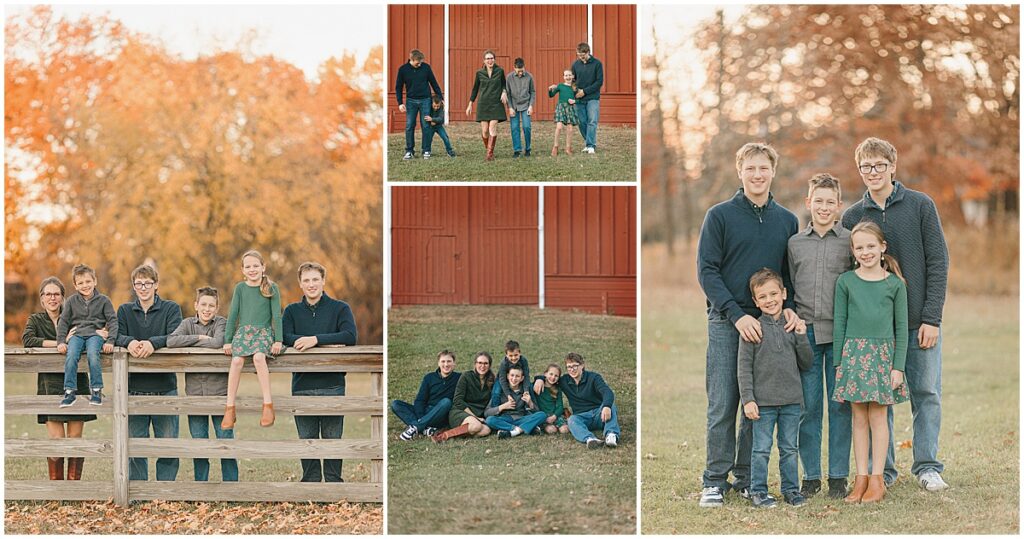Family of six posing near a red barn during fall family photos in the Twin Cities.