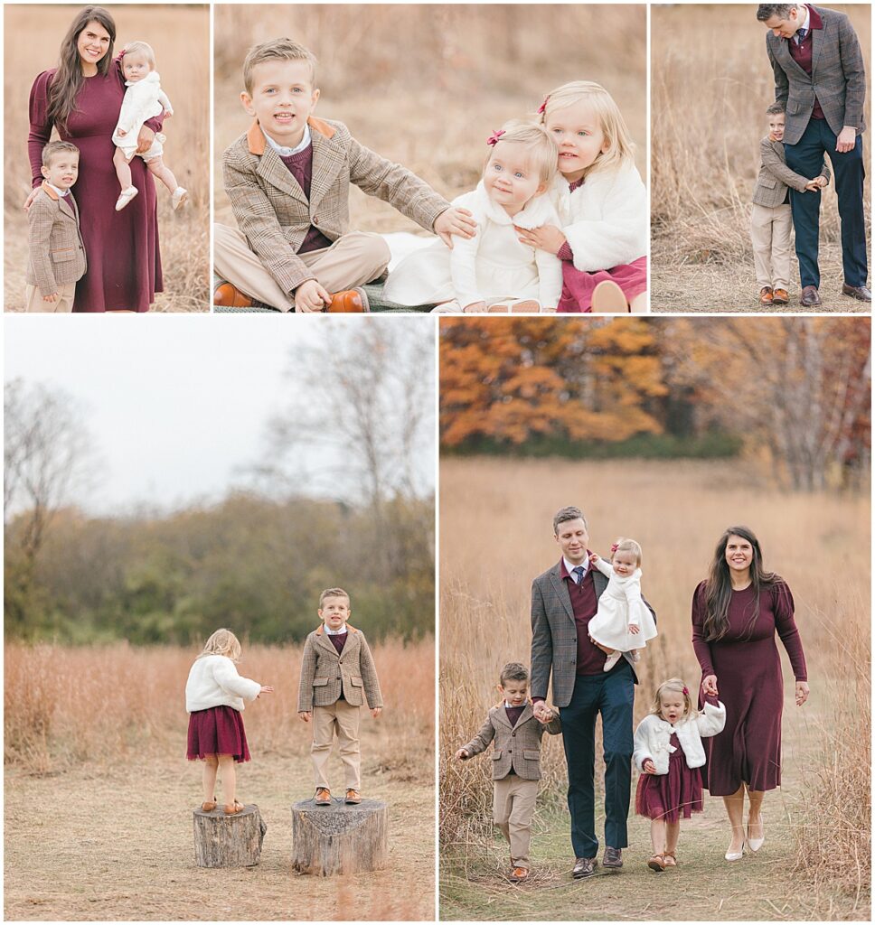 Parents and children walking through a field during a Minnesota fall family photo session.