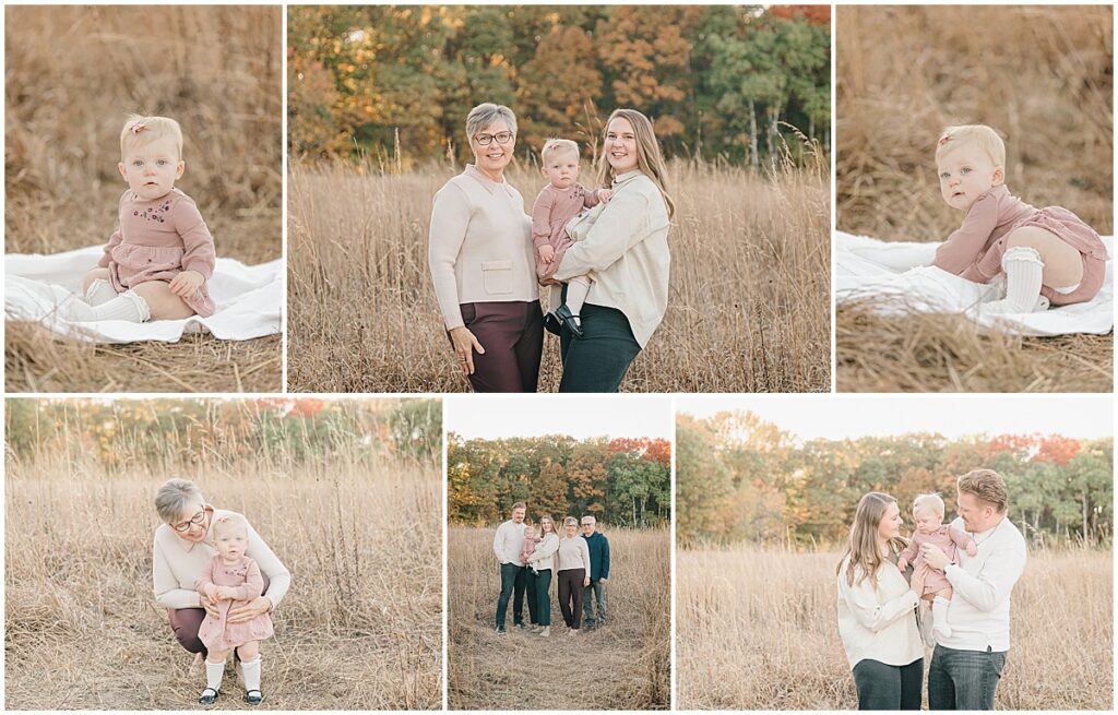 Baby girl sitting on a blanket in tall grass during fall family photos in Minnesota.