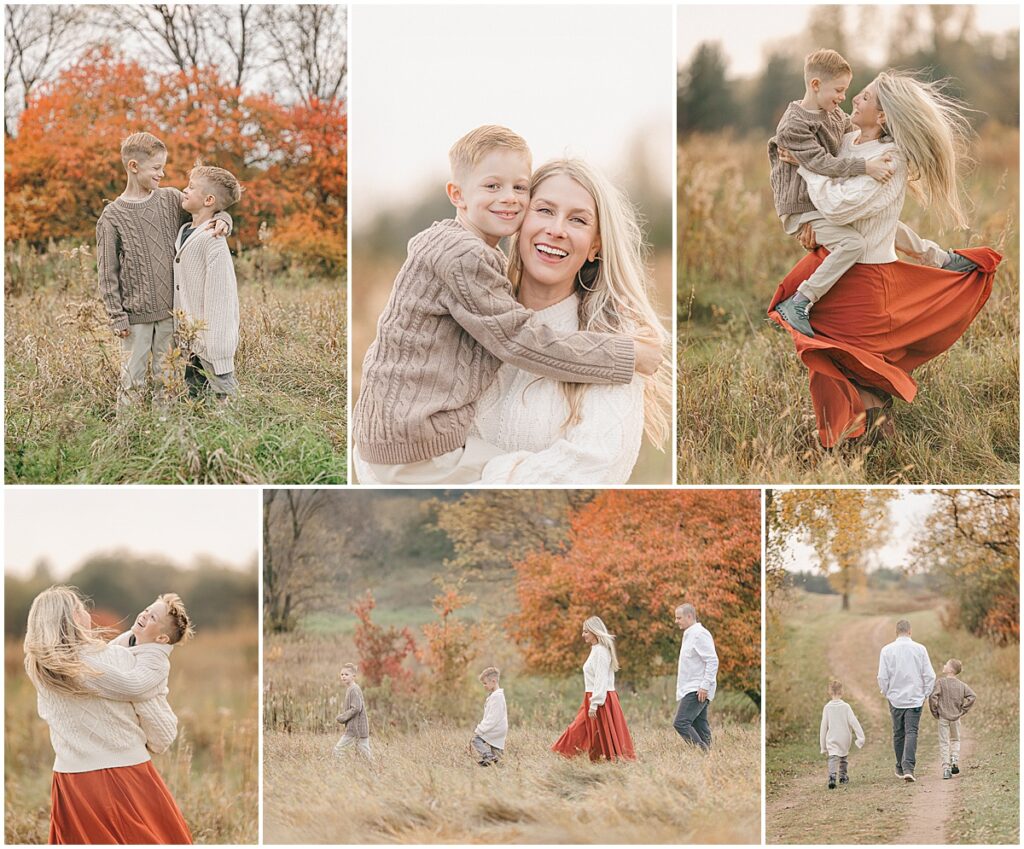 Mom laughing with her son in a field during autumn family photos in Minnesota.