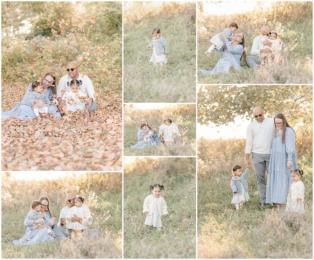 Parents playing with their children in fall leaves during Minnesota family photos.