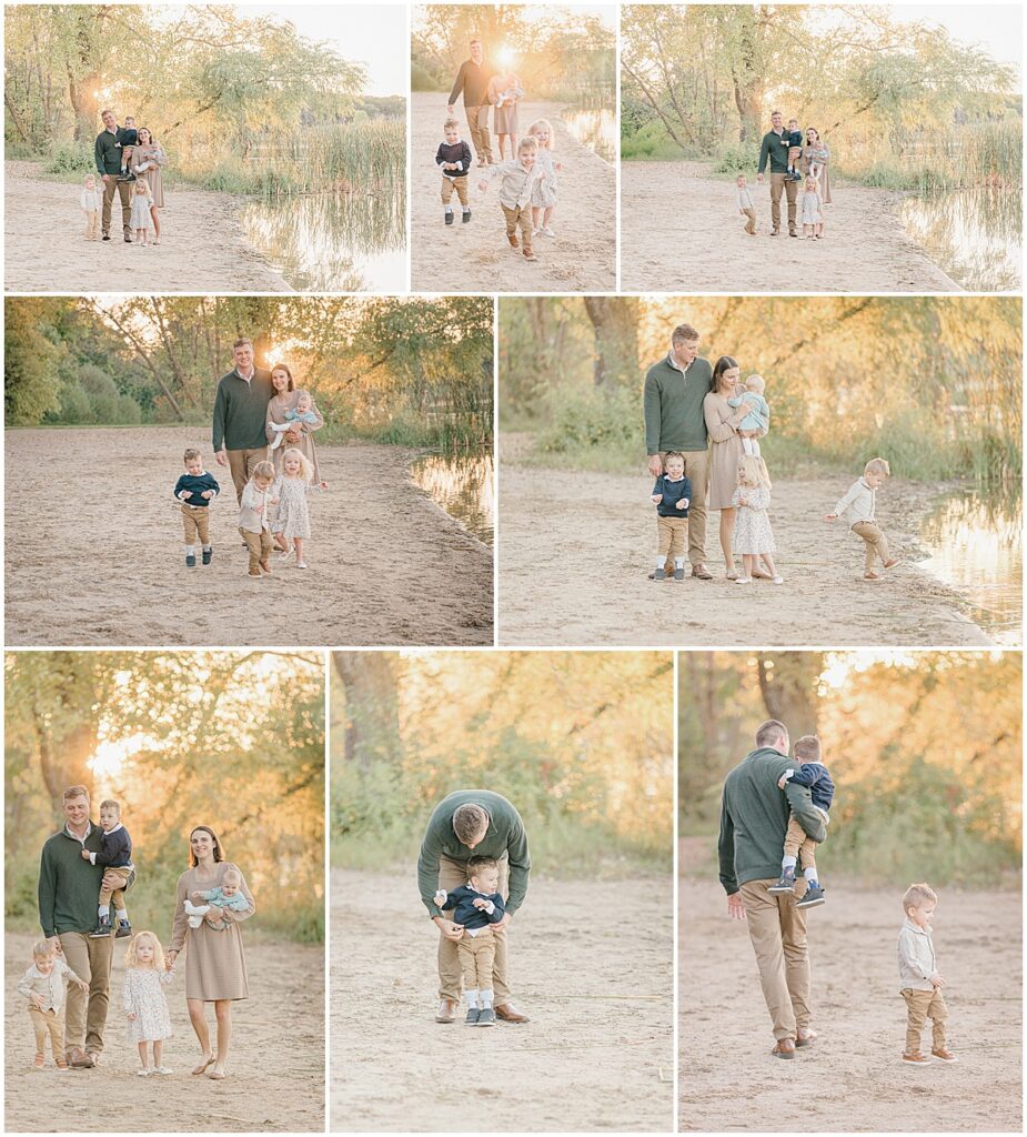 Family walking along a sandy lakeshore during a Twin Cities family photo session.