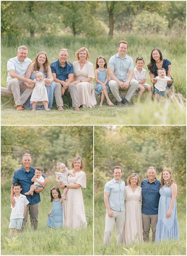 Family Photos in Greenfield with extended family portraits at Pixel Dust Acres in soft summer greenery