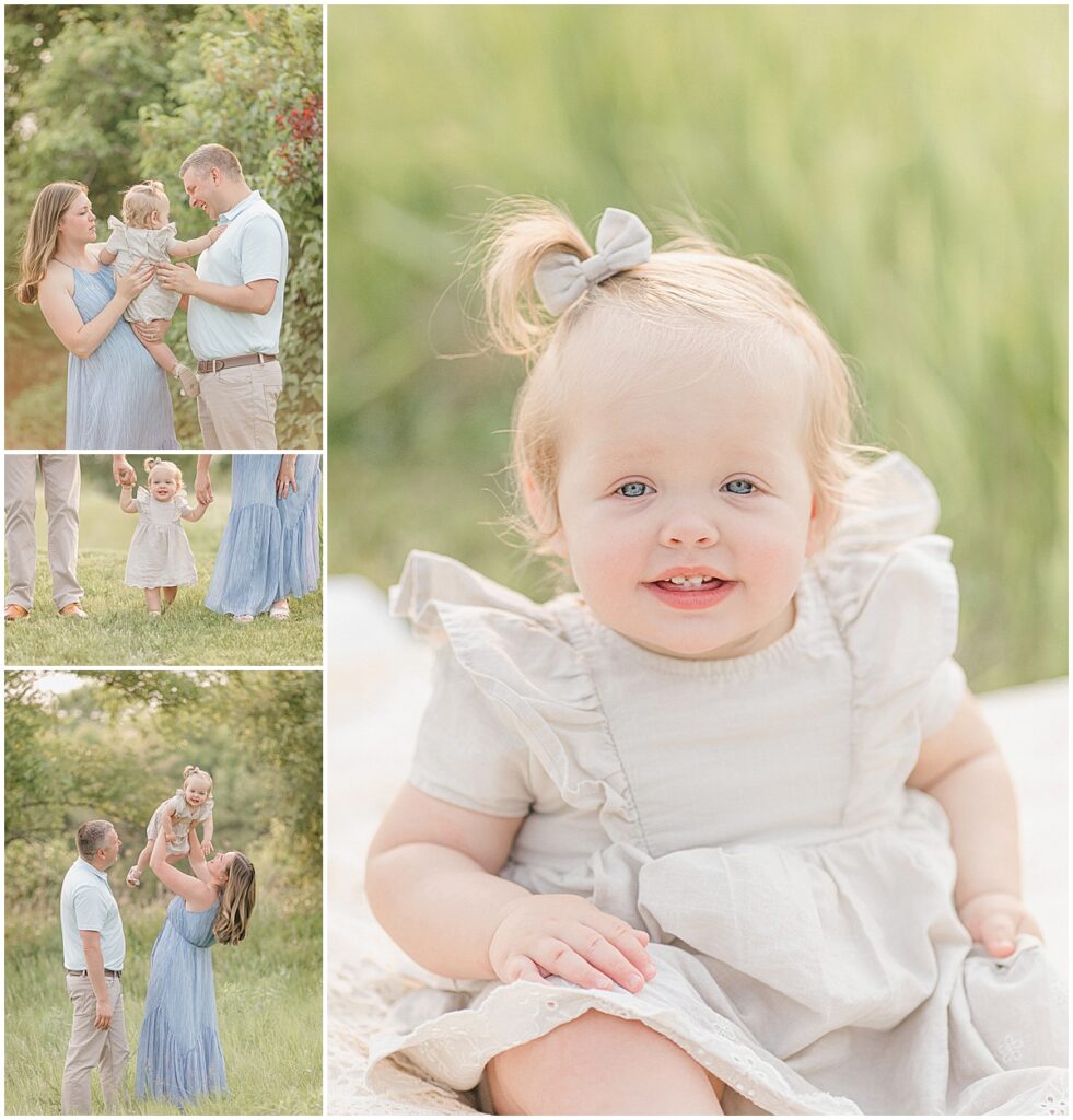 Extended family portraits at Pixel Dust Acres with kids, grandparents, and soft outdoor greenery in Greenfield