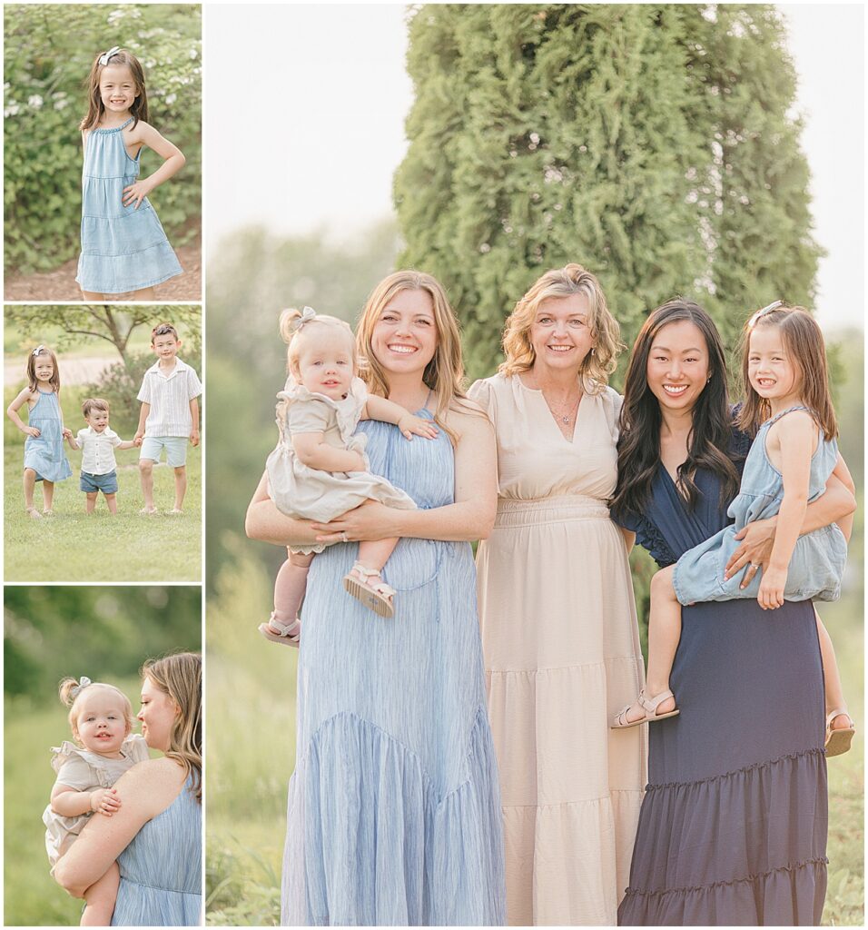 Family Photos in Greenfield with moms, kids, and grandparents in coordinated blue and neutral outfits