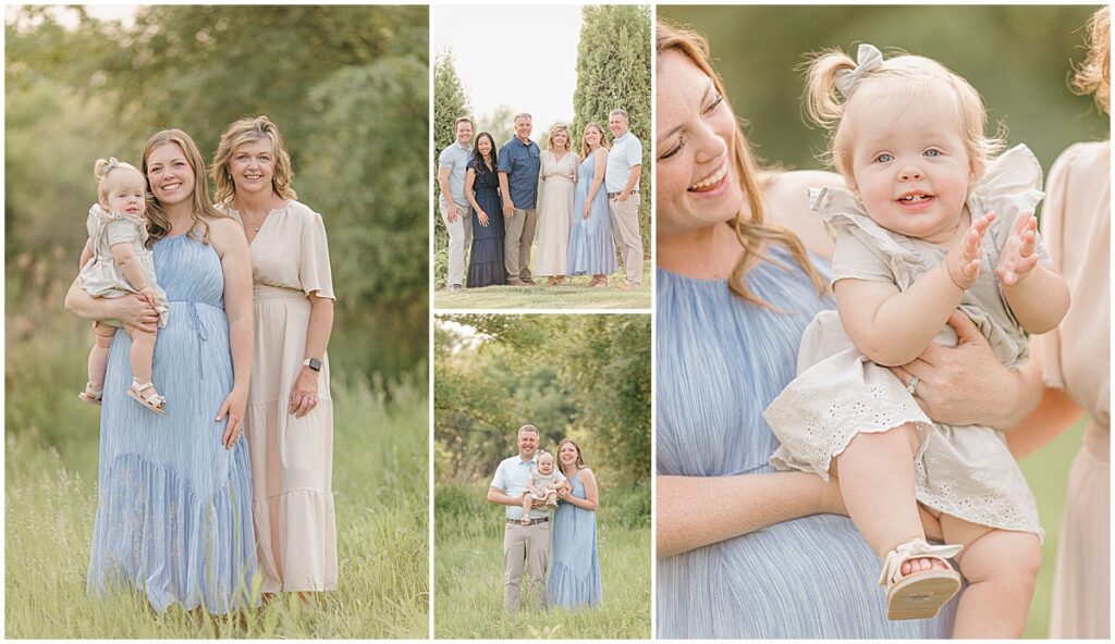 Outdoor family portraits in Greenfield with a baby girl, parents, and grandparents at Pixel Dust Acres